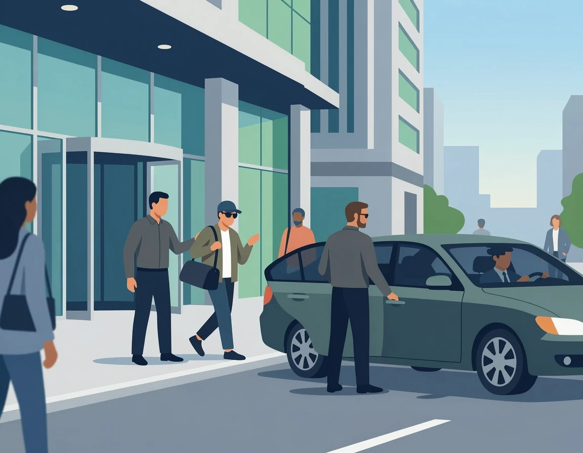 외부의 시선을 피해 안전하게 건물을 나서는 모습