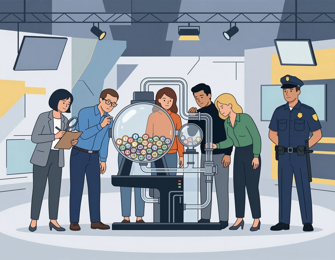 스튜디오에서 로또 추첨기를 검수하는 방청객들