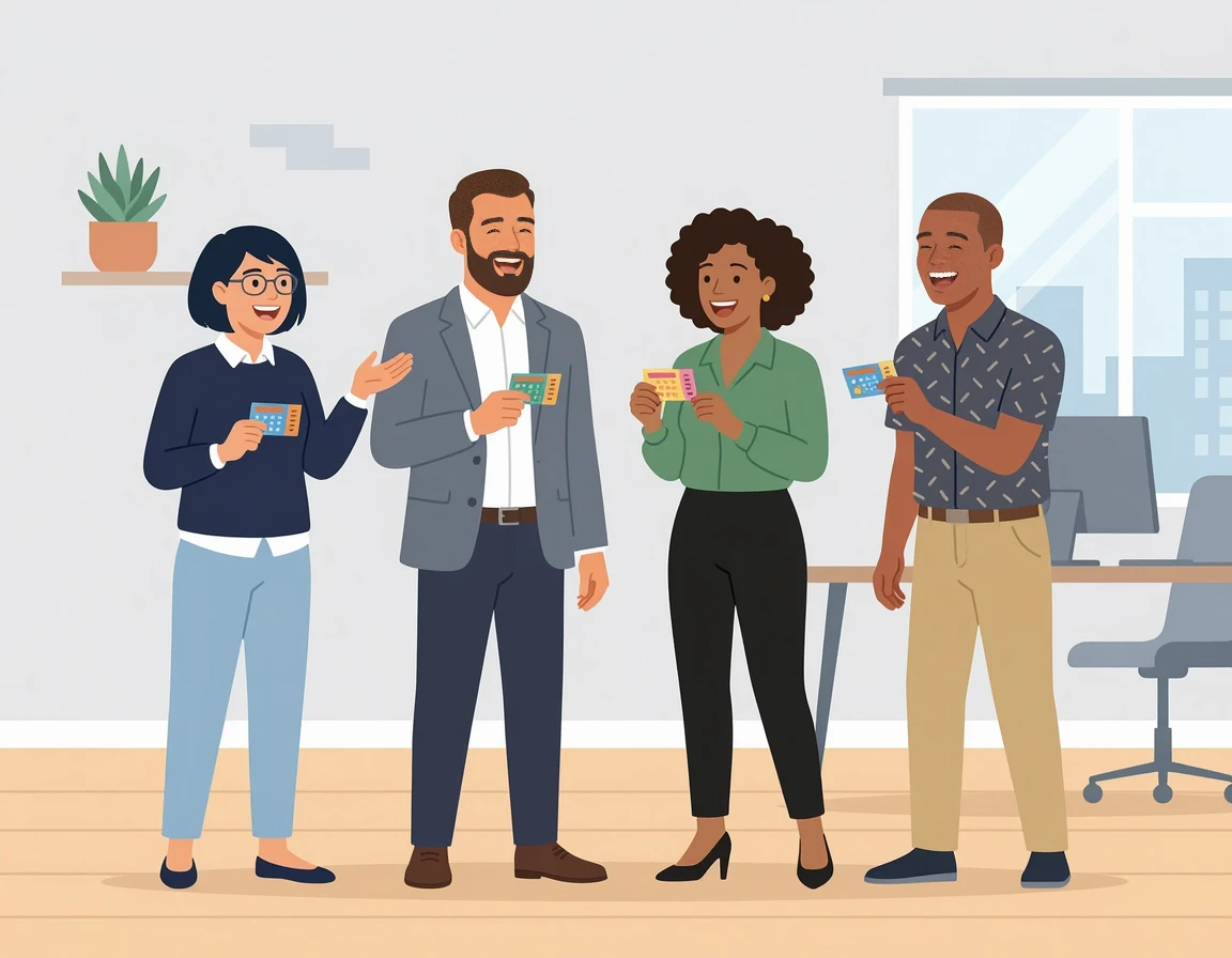 로또를 들고 이야기하는 직장 동료들 일러스트