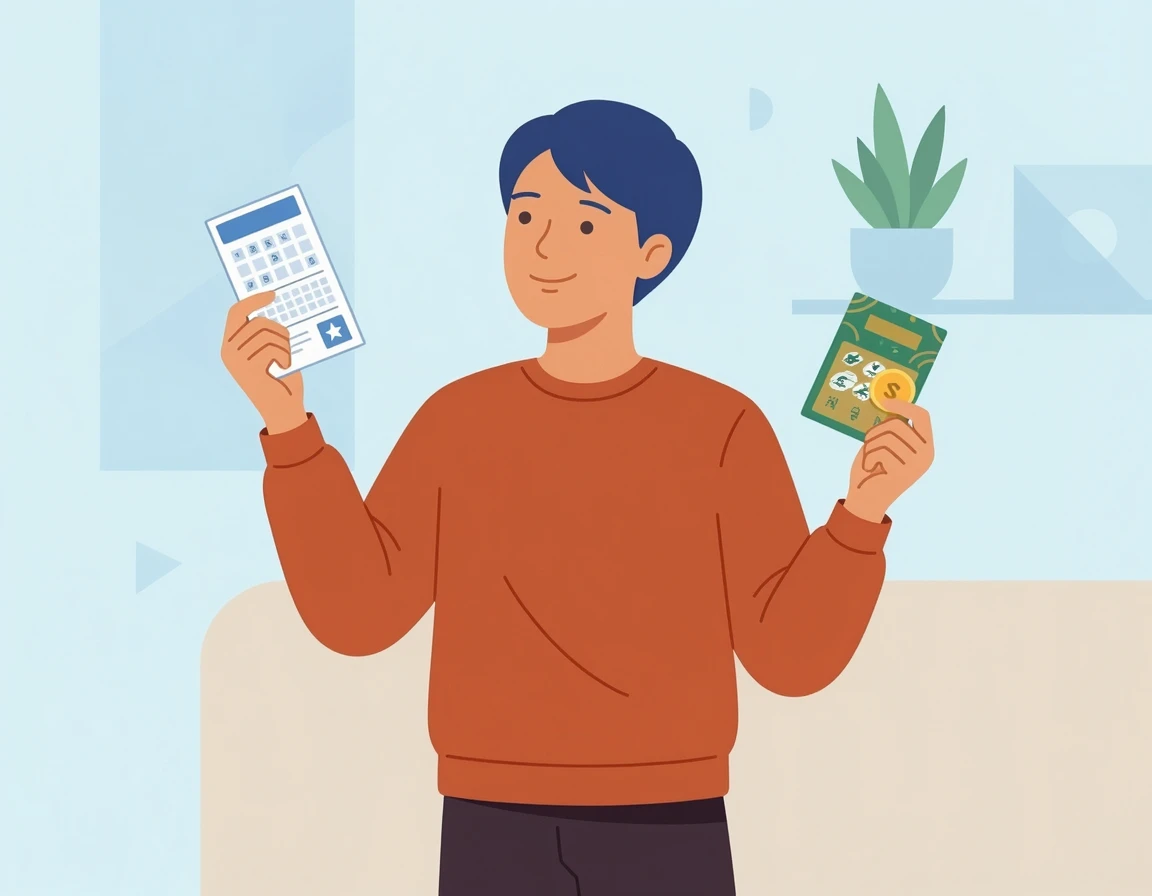 로또와 스피또 복권을 들고 고민하는 사람 일러스트