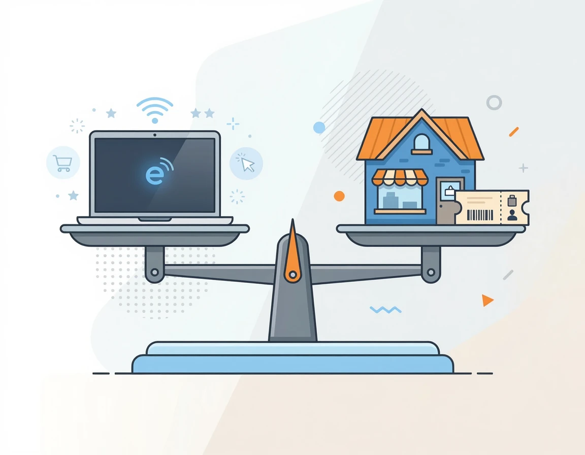 온라인 로또 구매와 오프라인 로또 매장을 저울질하며 비교하는 일러스트