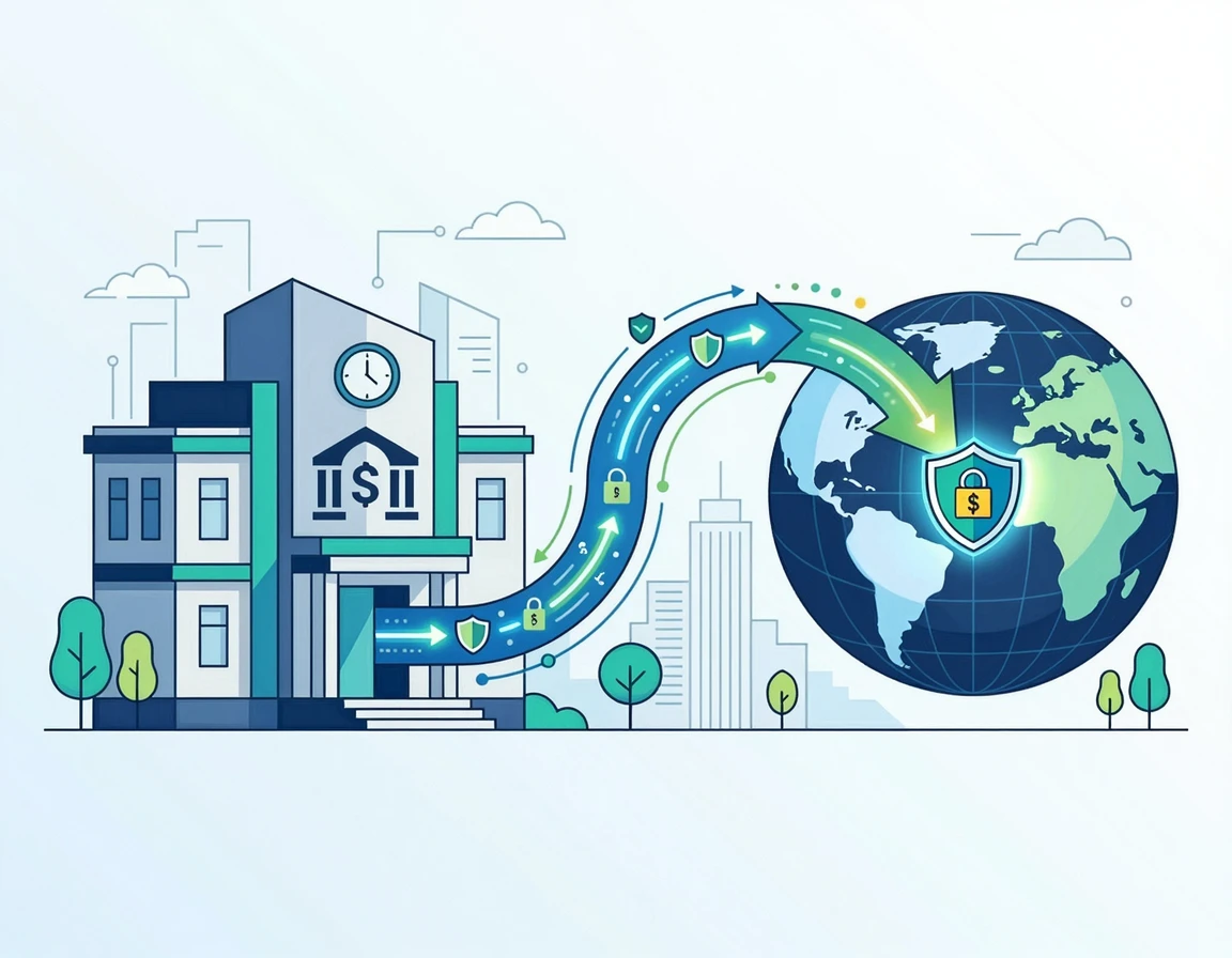 은행 건물과 지구본을 통한 해외 송금 일러스트