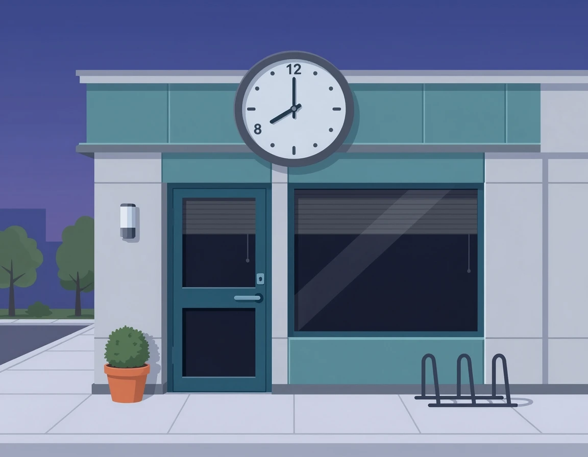 저녁 8시 정각을 가리키는 시계와 닫힌 상점 문 일러스트