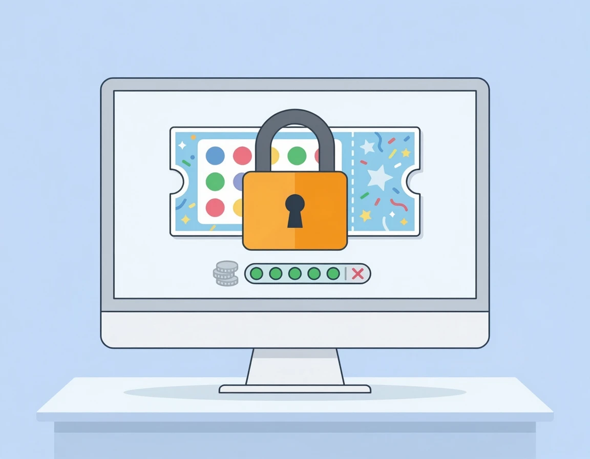 디지털 복권 위에 자물쇠 아이콘이 떠 있는 모니터 화면 일러스트