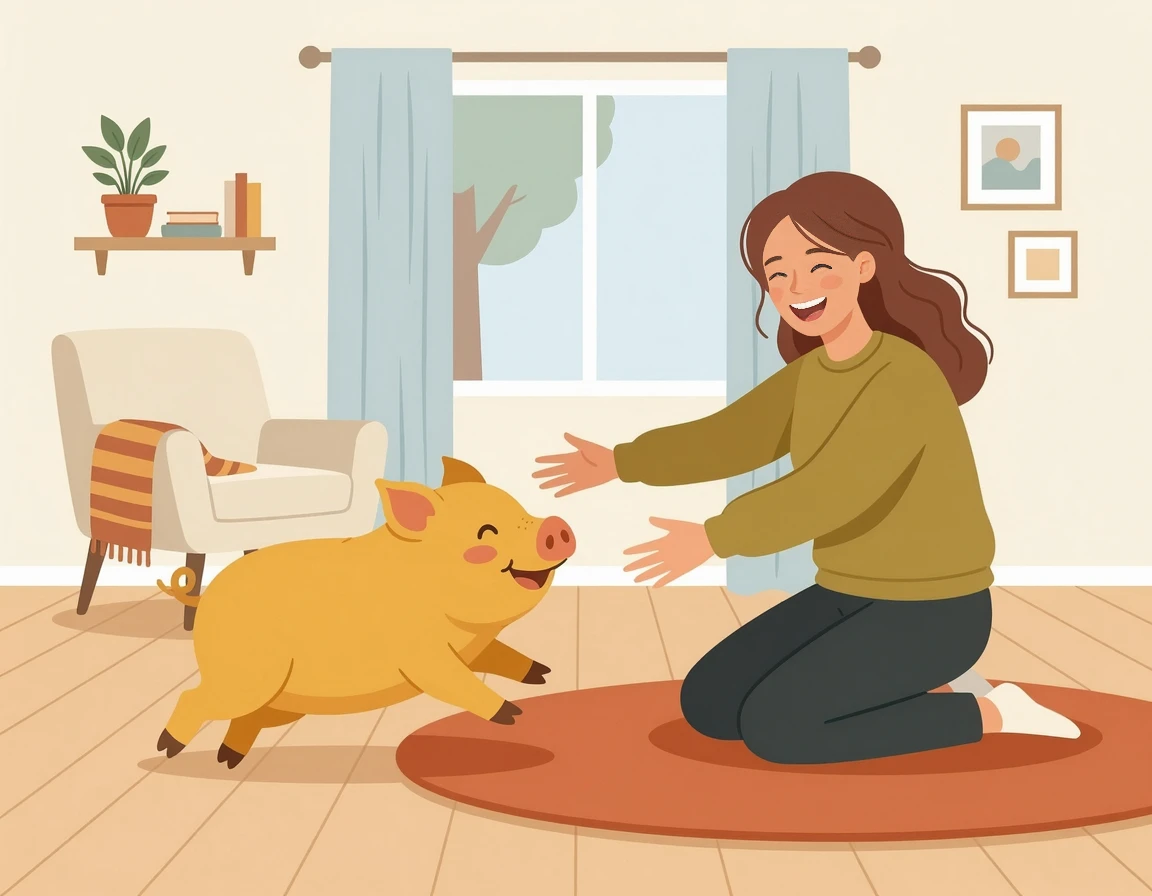 황금 돼지가 집 안으로 들어와 품에 안기는 일러스트