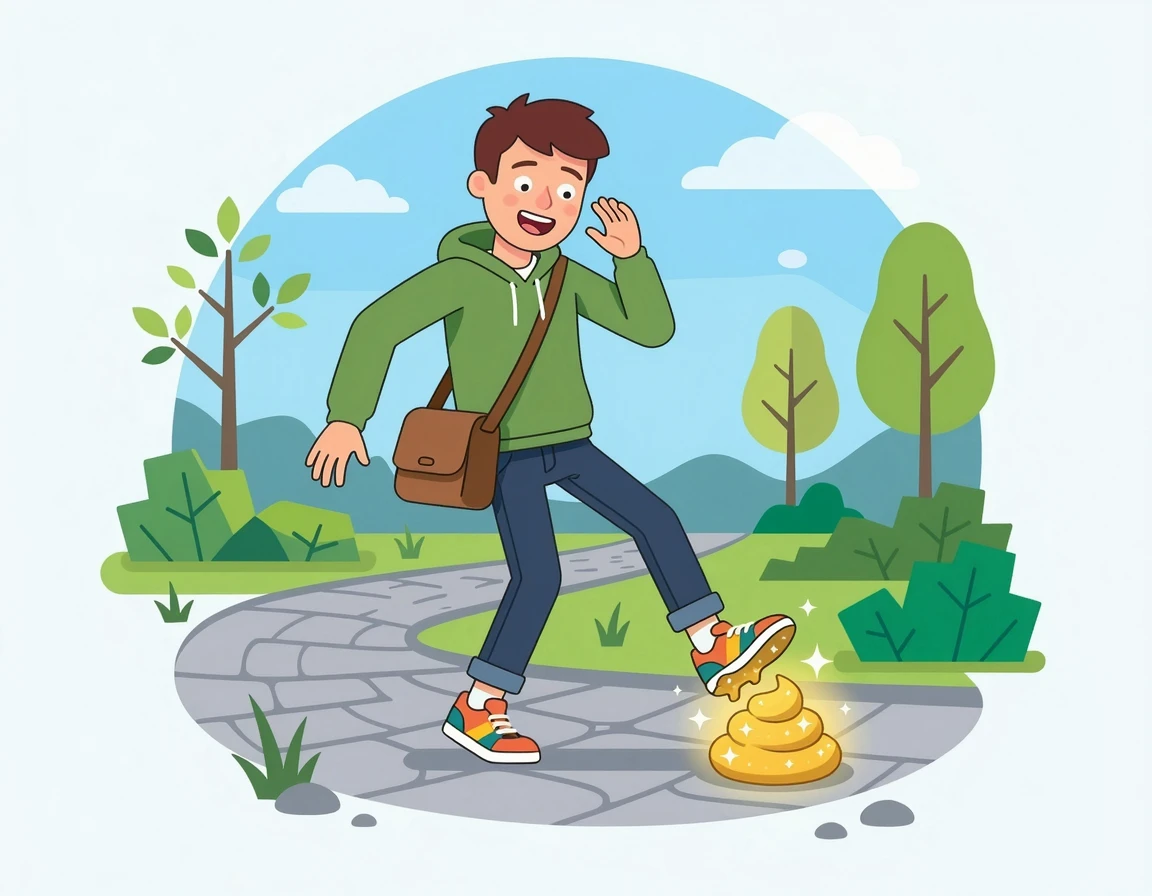 황금빛 똥을 밟고 놀라는 재미있는 상황 일러스트