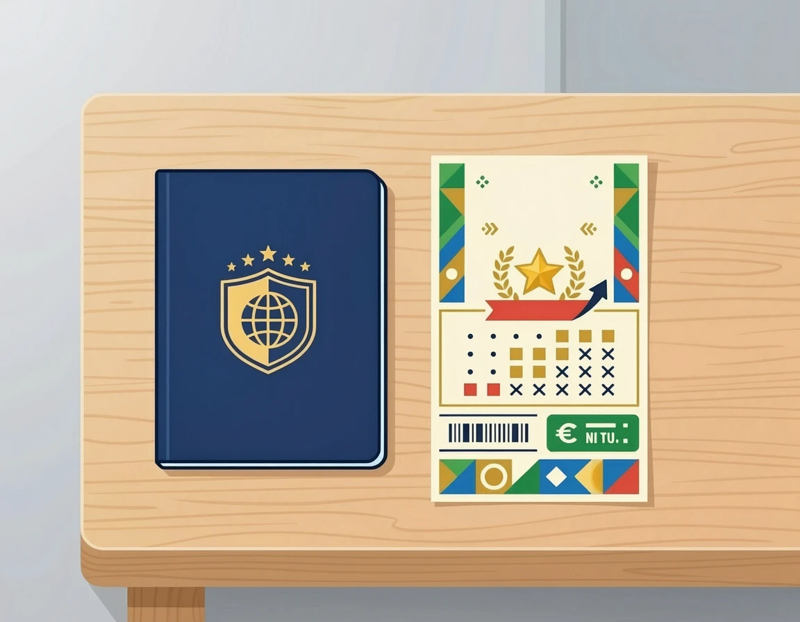 여권과 당첨된 로또 복권 일러스트