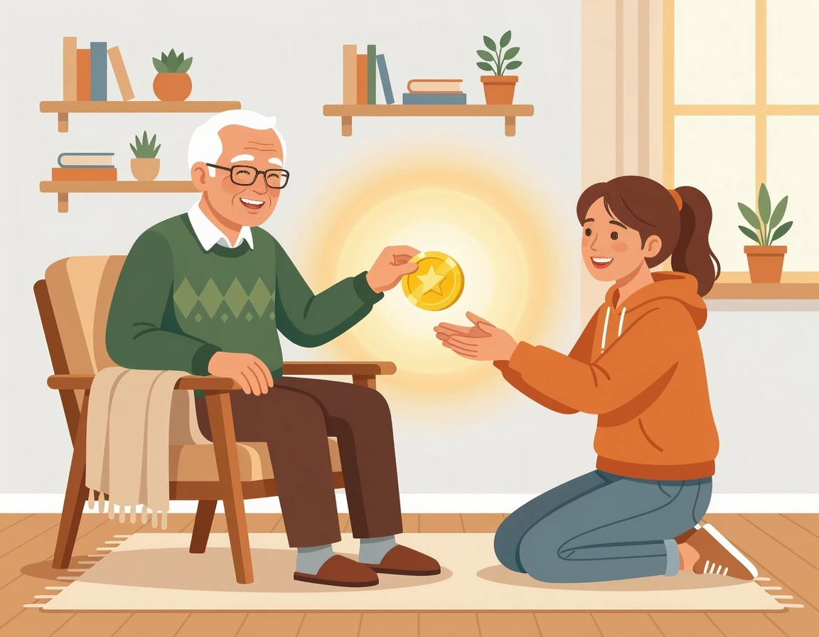 조상님이 밝게 웃으며 금화를 건네주는 꿈 일러스트