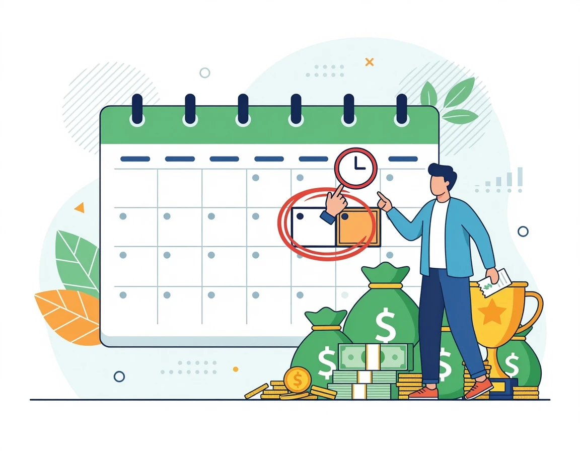 당첨금과 달력이 그려진 기한 안내 일러스트