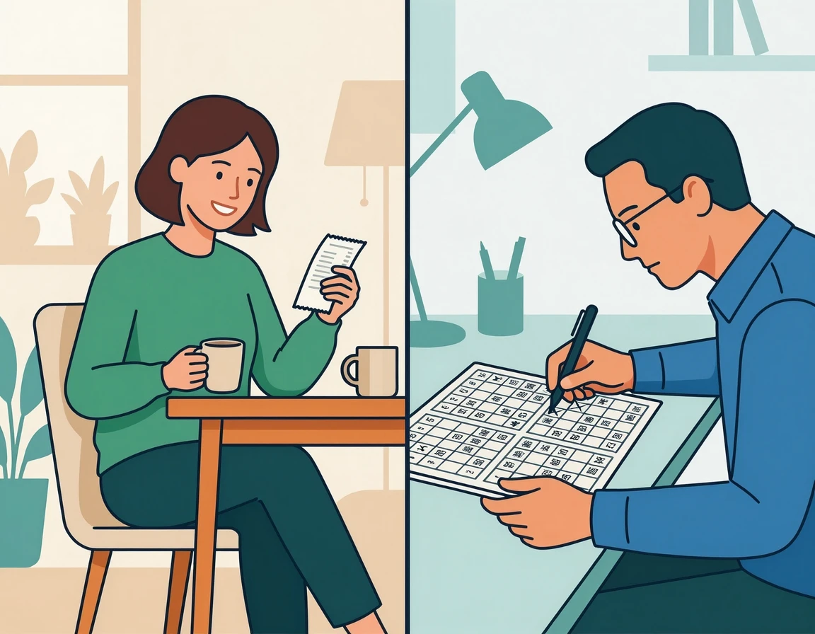 편안한 자동 구매와 집중하는 수동 구매의 대비를 보여주는 일러스트