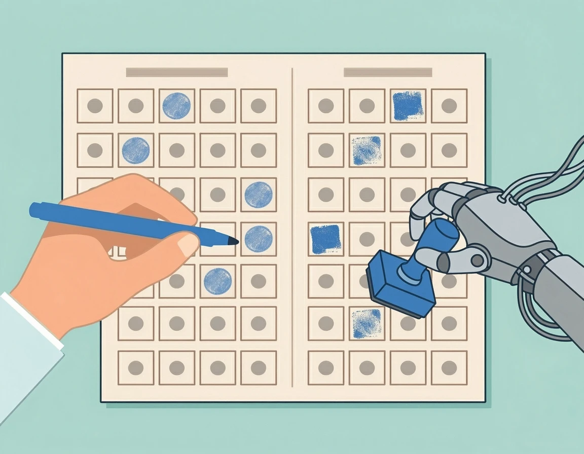 사람의 손과 로봇 팔이 함께 로또 번호를 완성하는 반자동 방식 일러스트