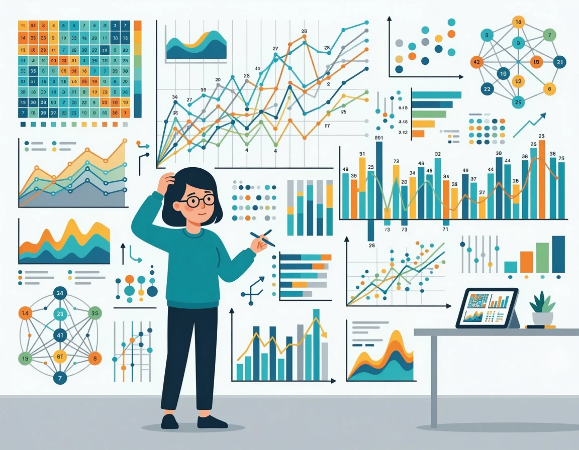 복잡한 로또 번호 통계 그래프와 차트를 보며 고민하는 사람 일러스트