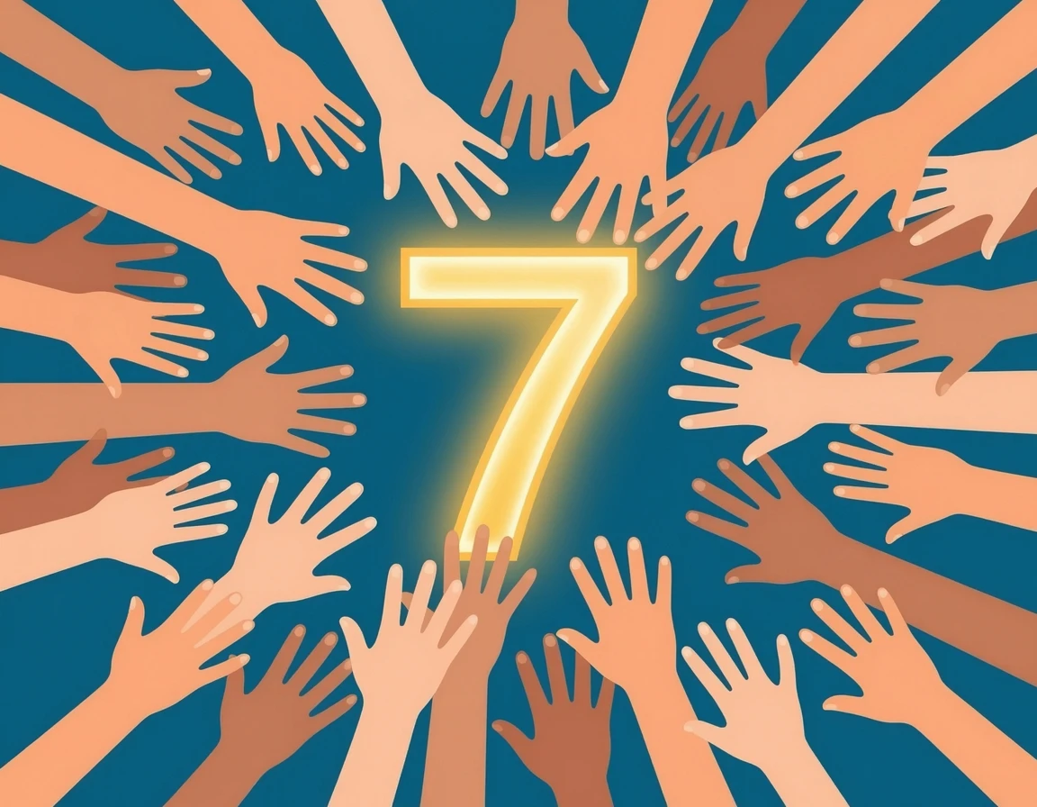 행운의 숫자 7을 향해 여러 사람의 손이 뻗어 있는 일러스트
