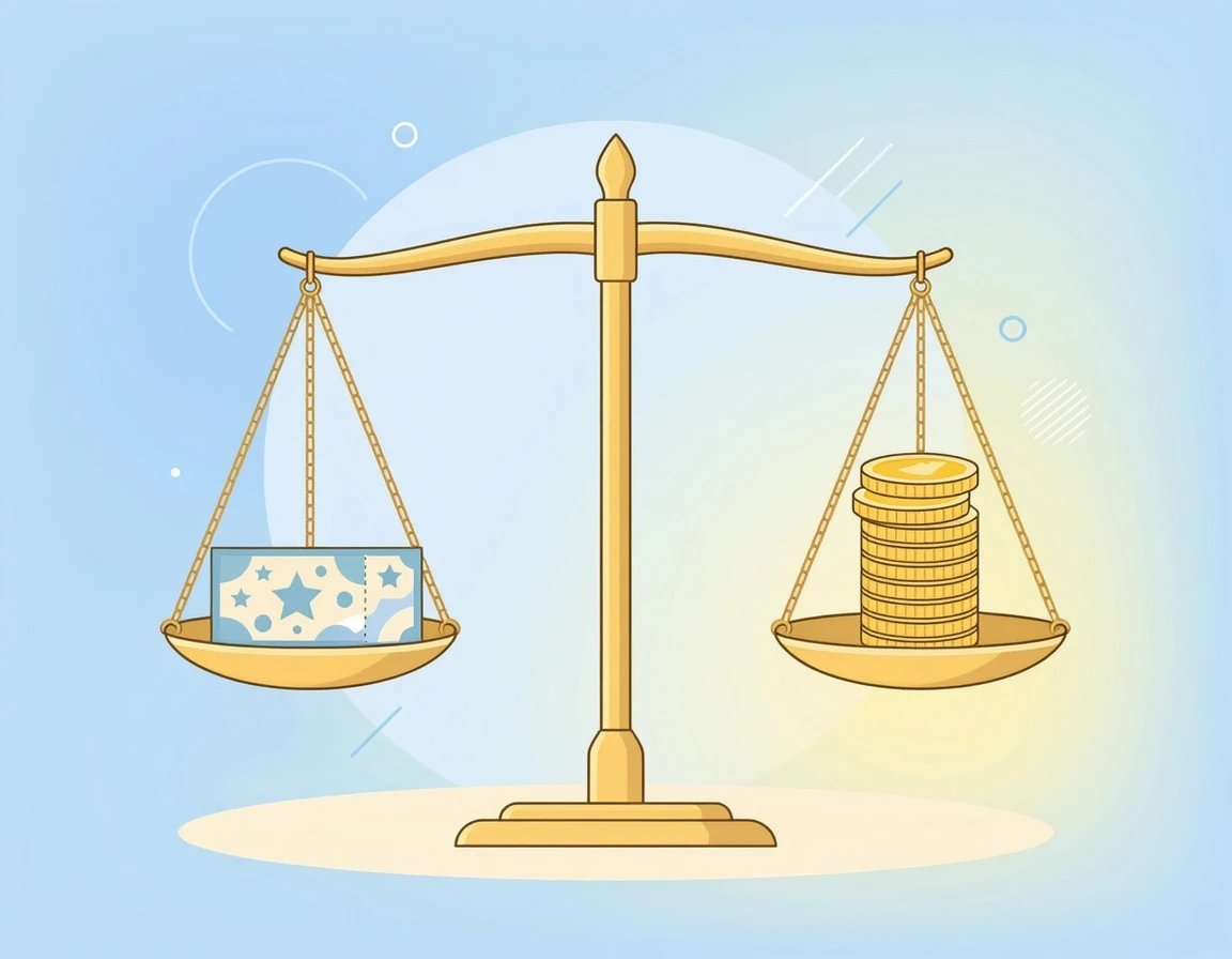저울 양팔에 로또 복권과 금화가 올려져 있는 법적 지위 일러스트