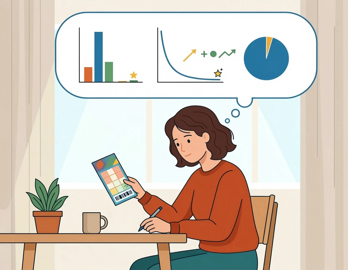 로또 용지와 통계 그래프를 보며 고민하는 사람 일러스트