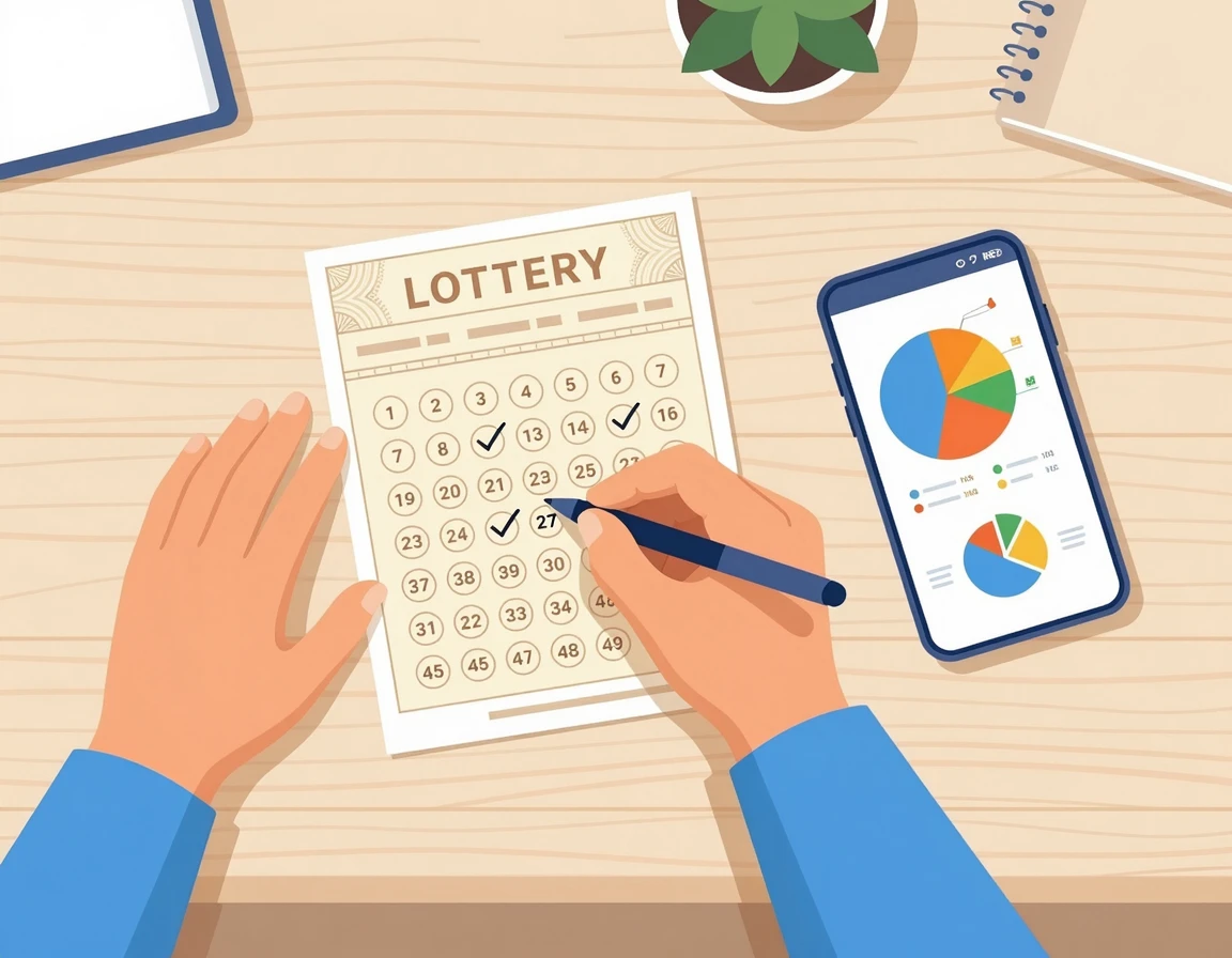 스마트폰 통계 앱을 보며 로또 용지를 마킹하는 사람 일러스트