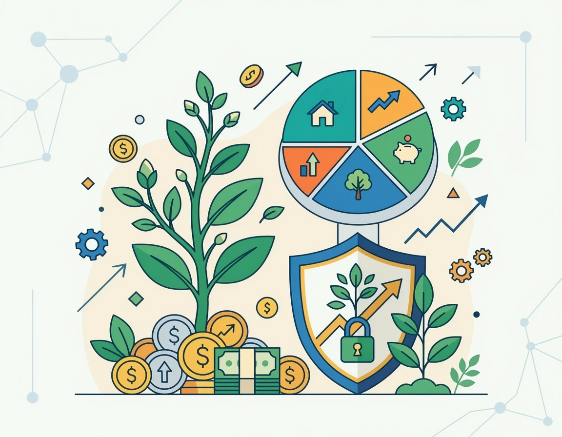 안전한 분산 투자와 재무 계획을 상징하는 파이 차트와 방패 일러스트