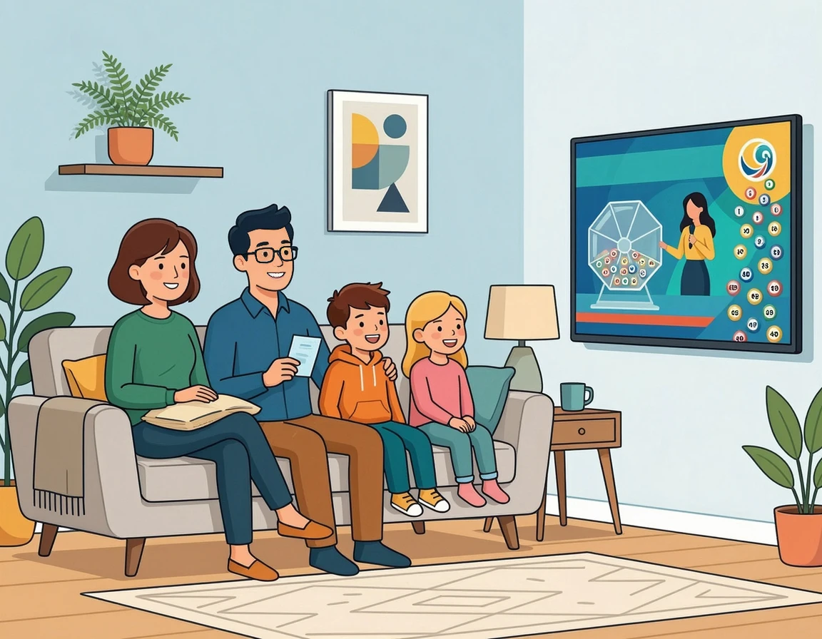 가족들이 소파에 앉아 TV로 복권 추첨 방송을 보는 일러스트