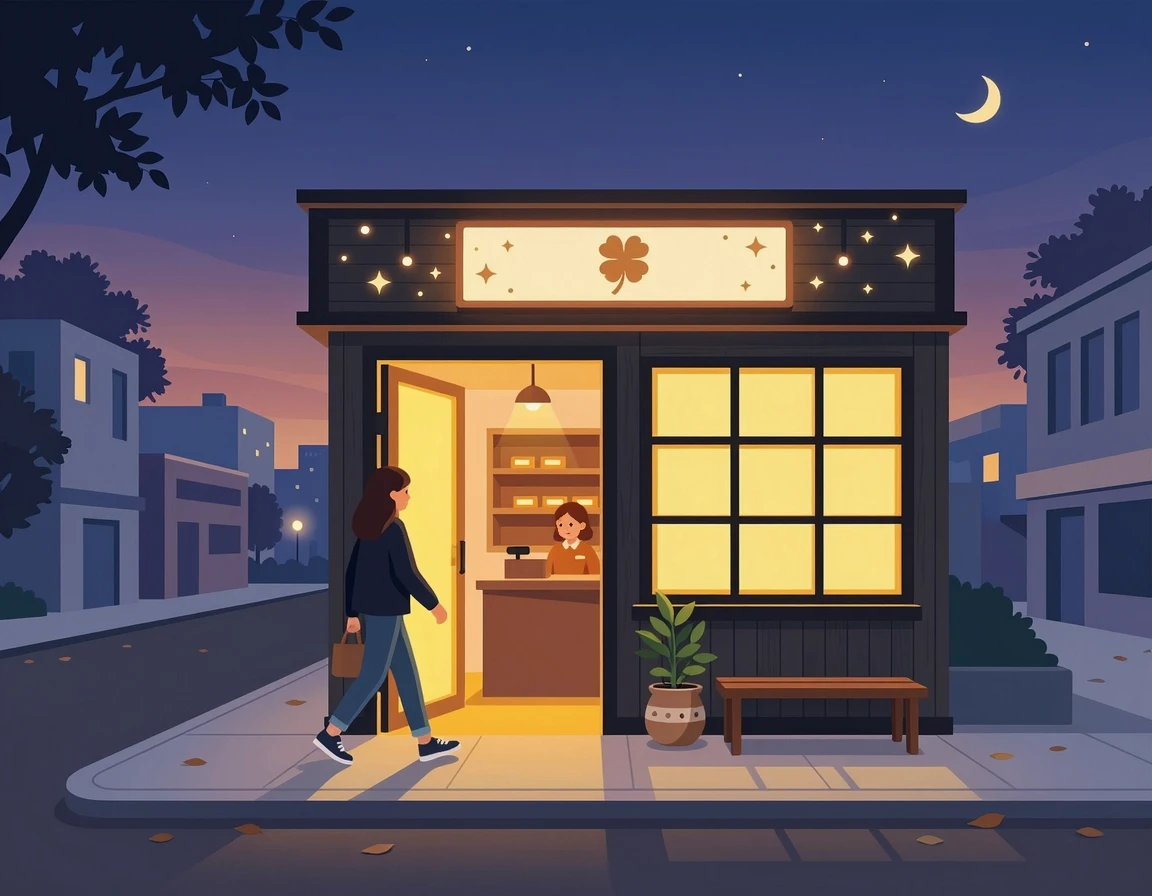 따뜻한 조명이 켜진 복권방 외부 풍경 일러스트